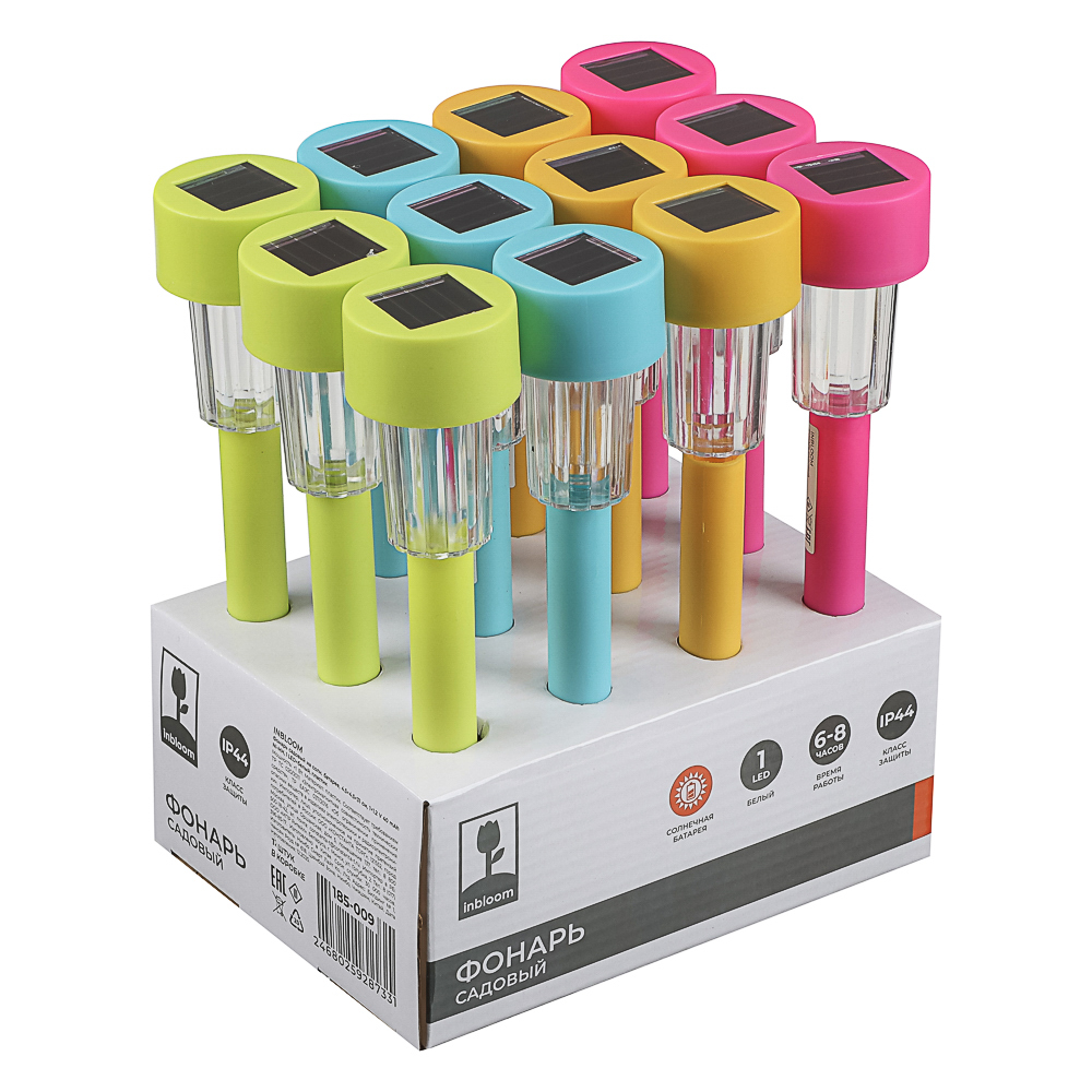 INBLOOM Фонарь садовый на солн. батарее, 4.5x4.5x31см, 1x1.2V 40mAh NI-MH, 1LED*белый, пластик, арт.№ 185-009