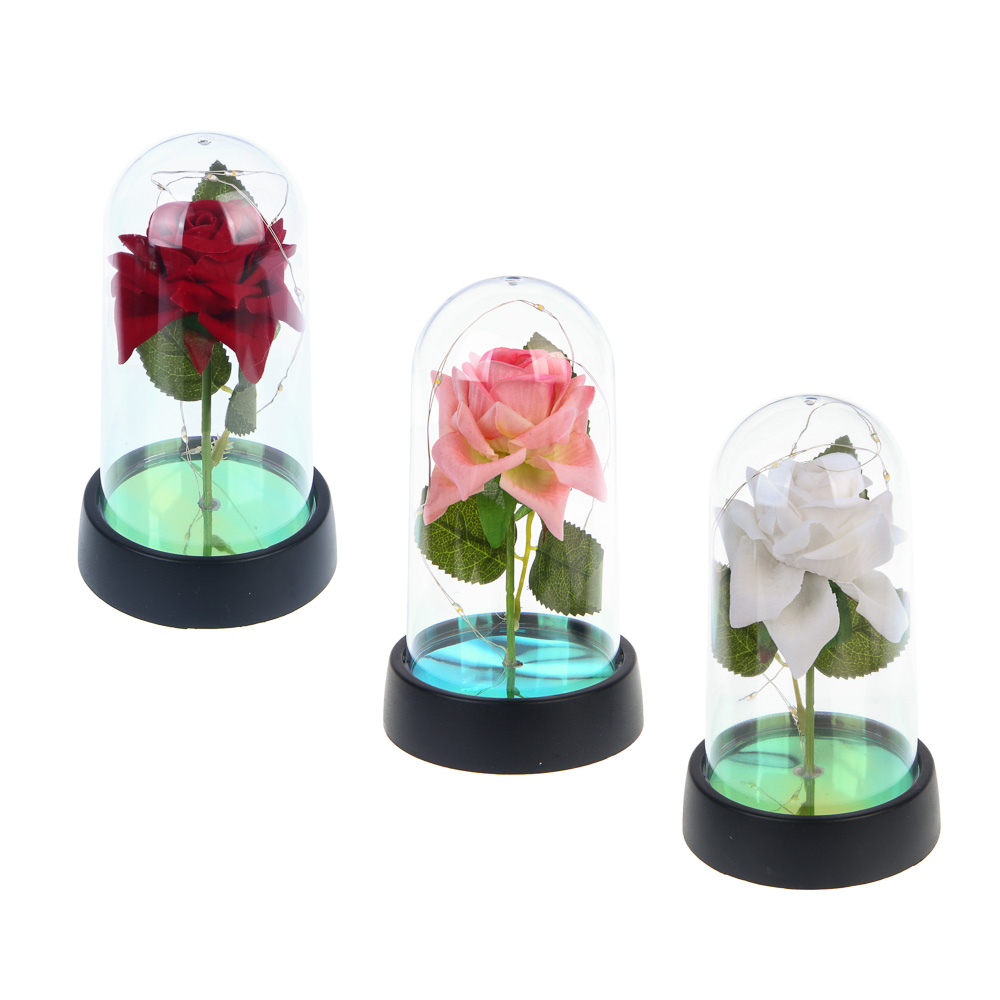 Декор "Роза в колбе" с подсветкой, 15х8х8см, 3хLR1130, ткань, пластик, проволока, 3 вида, арт.№ 695-214