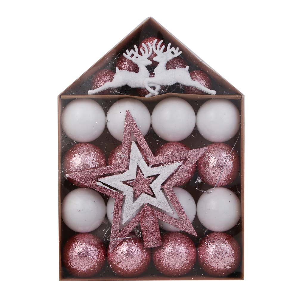 СНОУ БУМ Набор шаров и украшений 25 шт, 4см и 6см, белый, розовый, арт.№ 309-078