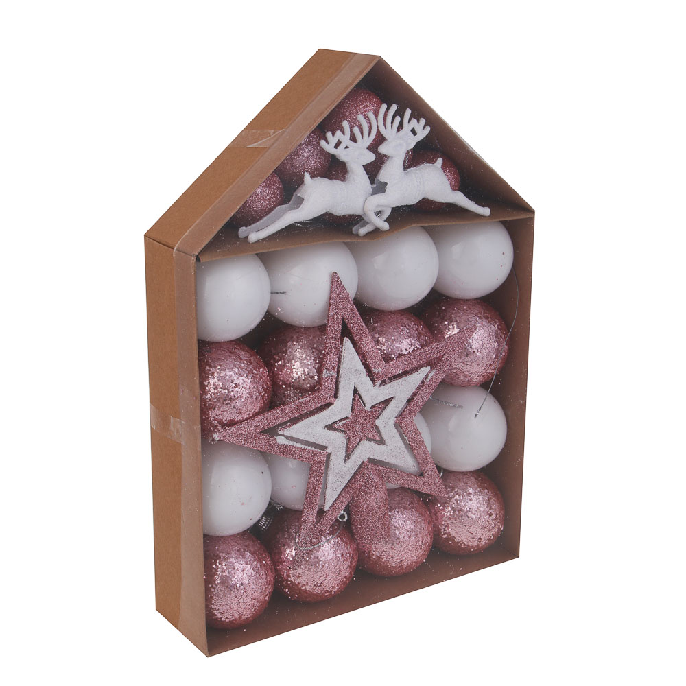 СНОУ БУМ Набор шаров и украшений 25 шт, 4см и 6см, белый, розовый, арт.№ 309-078