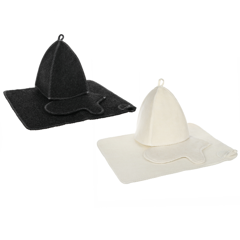 Набор банный 3 пр. (шапка, варежка, коврик) без вышивки, 30% шерсть, 70% полиэфир, 2 цв. белый/серый, арт.№ 364-175