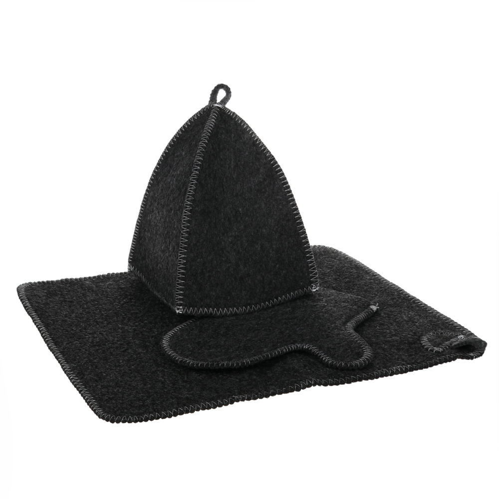 Набор банный 3 пр. (шапка, варежка, коврик) без вышивки, 30% шерсть, 70% полиэфир, 2 цв. белый/серый, арт.№ 364-175