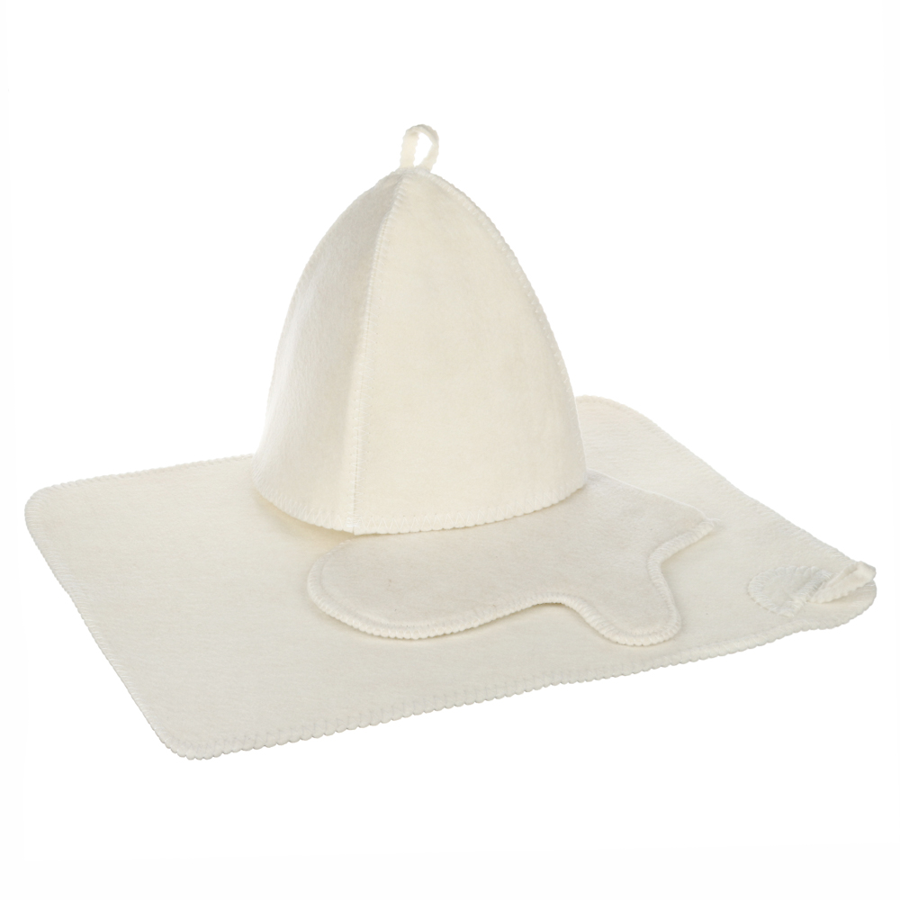 Набор банный 3 пр. (шапка, варежка, коврик) без вышивки, 30% шерсть, 70% полиэфир, 2 цв. белый/серый, арт.№ 364-175