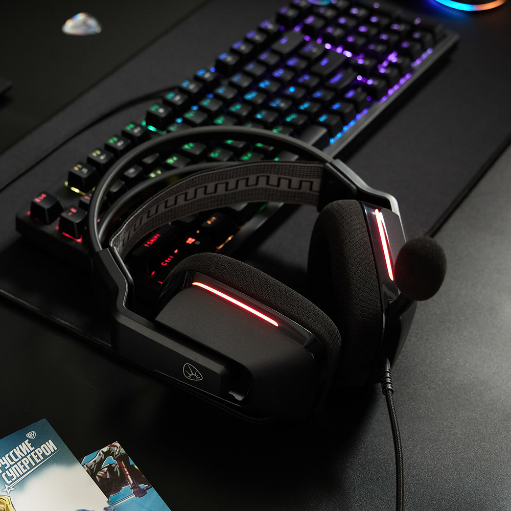 Наушники проводные с микрофоном игровые BY Morion USB 3,2 м, автоподвес, красная подсветка, арт.№ 410-089