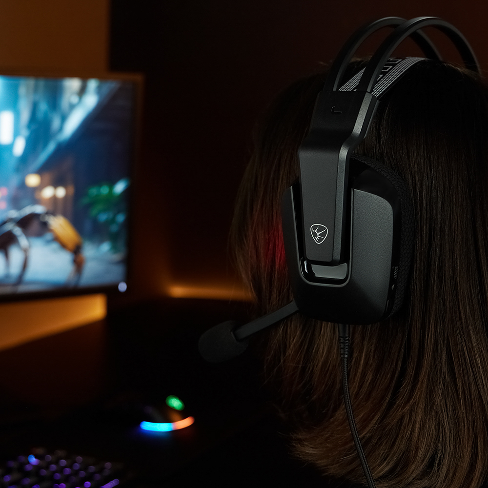 Наушники проводные с микрофоном игровые BY Morion USB 3,2 м, автоподвес, красная подсветка, арт.№ 410-089