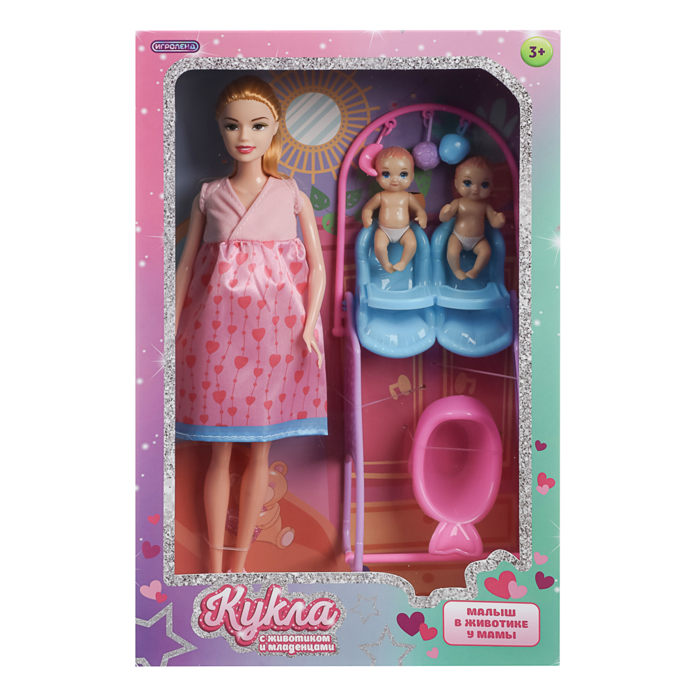 ИГРОЛЕНД Кукла с животиком и младенцами, 28 см, с акс., PVC, ABS, полиэстер, 21х7х33 см, арт.№ 436-177