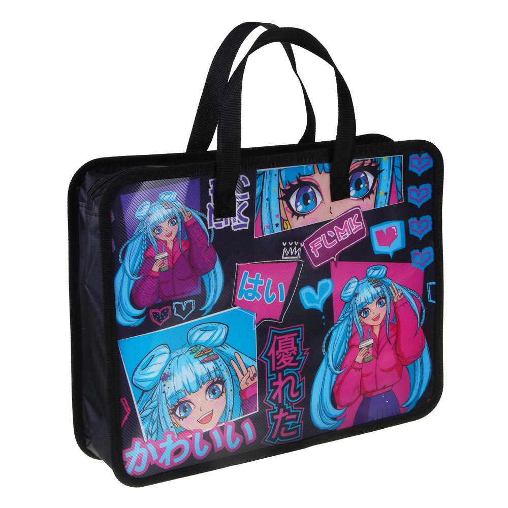 Аниме Папка для тетрадей 33,5x26см, для A4, расширение, молния сверху, ручки, пластик, арт.№ 236-006