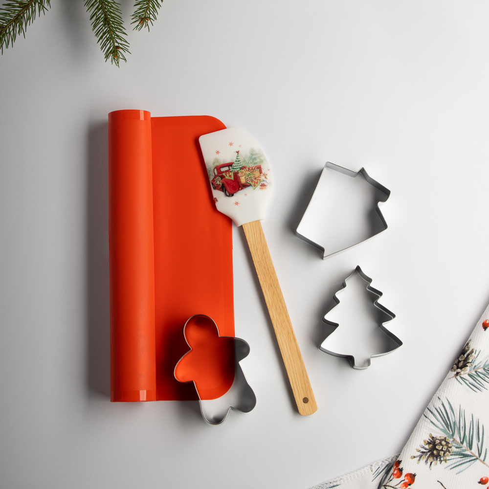 Новогодняя коллекция Набор 5 пр., коврик для выпечки, лопатка, формы для печенья 3 шт нерж.сталь, арт.№ 856-204