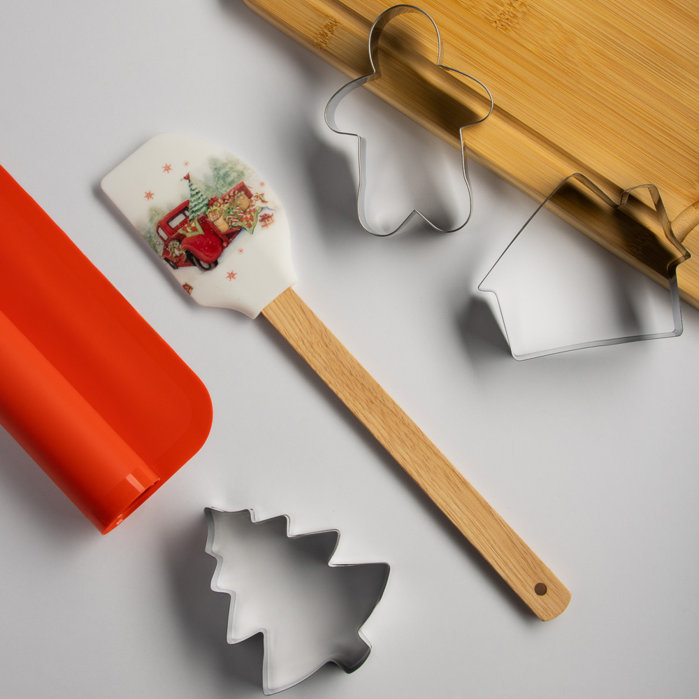 Новогодняя коллекция Набор 5 пр., коврик для выпечки, лопатка, формы для печенья 3 шт нерж.сталь, арт.№ 856-204