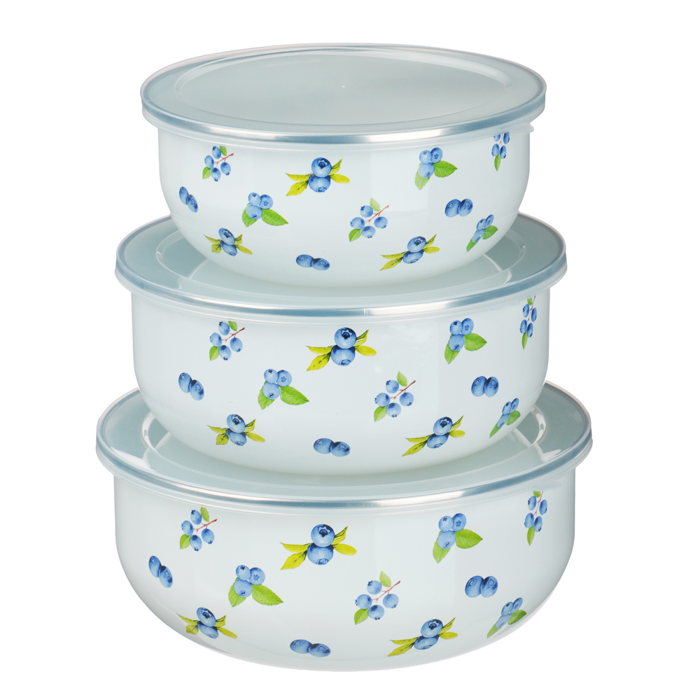 Набор эмалированных салатников с крышками, 6пр. (14/16/18см, 0,7/1,1/1,4л) "Голубика", арт.№ 894-532
