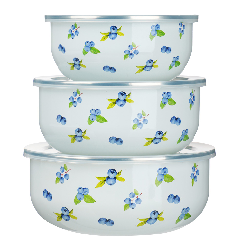 Набор эмалированных салатников с крышками, 6пр. (14/16/18см, 0,7/1,1/1,4л) "Голубика", арт.№ 894-532