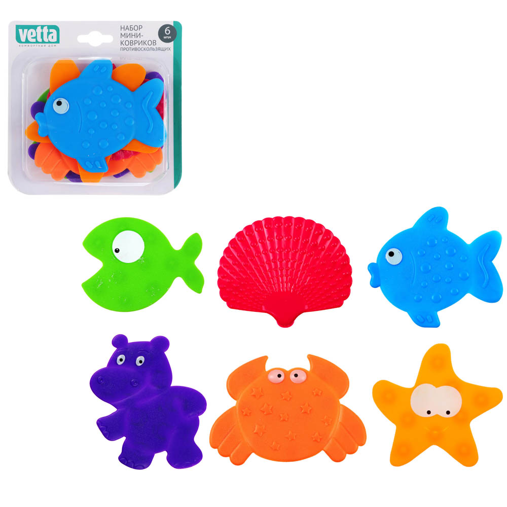 VETTA Набор мини-ковриков противоскользящих 6шт, ПВХ, "Цветные", 6 дизайнов, арт.№ 403-074