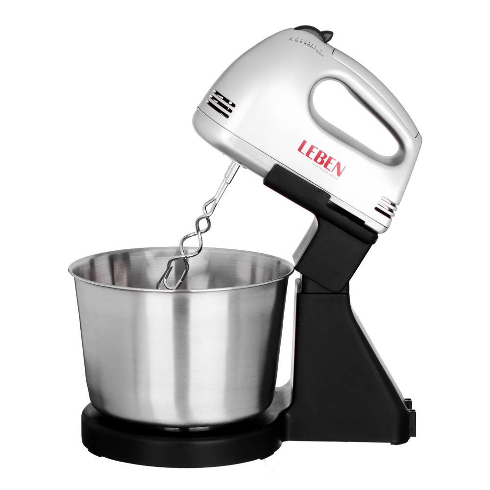 LEBEN Миксер кухонный 100Вт, 7 скоростей, 4 насадки, металлическая чаша 2л, арт.№ 269-008