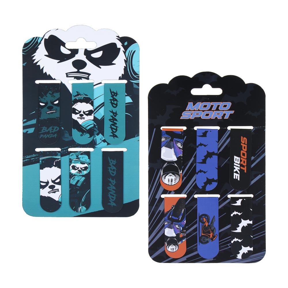 Магнитные закладки, 6 шт., "Мотоспорт/Бэд Панда", 12x1,9см, размер упаковки 18,3x10,3см, арт.№ 524-279