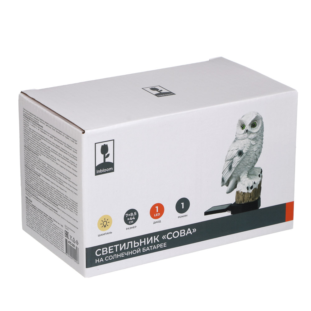 Светильник сад.на солн.бат.тм INBLOOM Сова, 7х8.5х44см,1LED,шамп.,AAA200/600mAh Ni-MH,1реж., полист., арт.№ 475-351