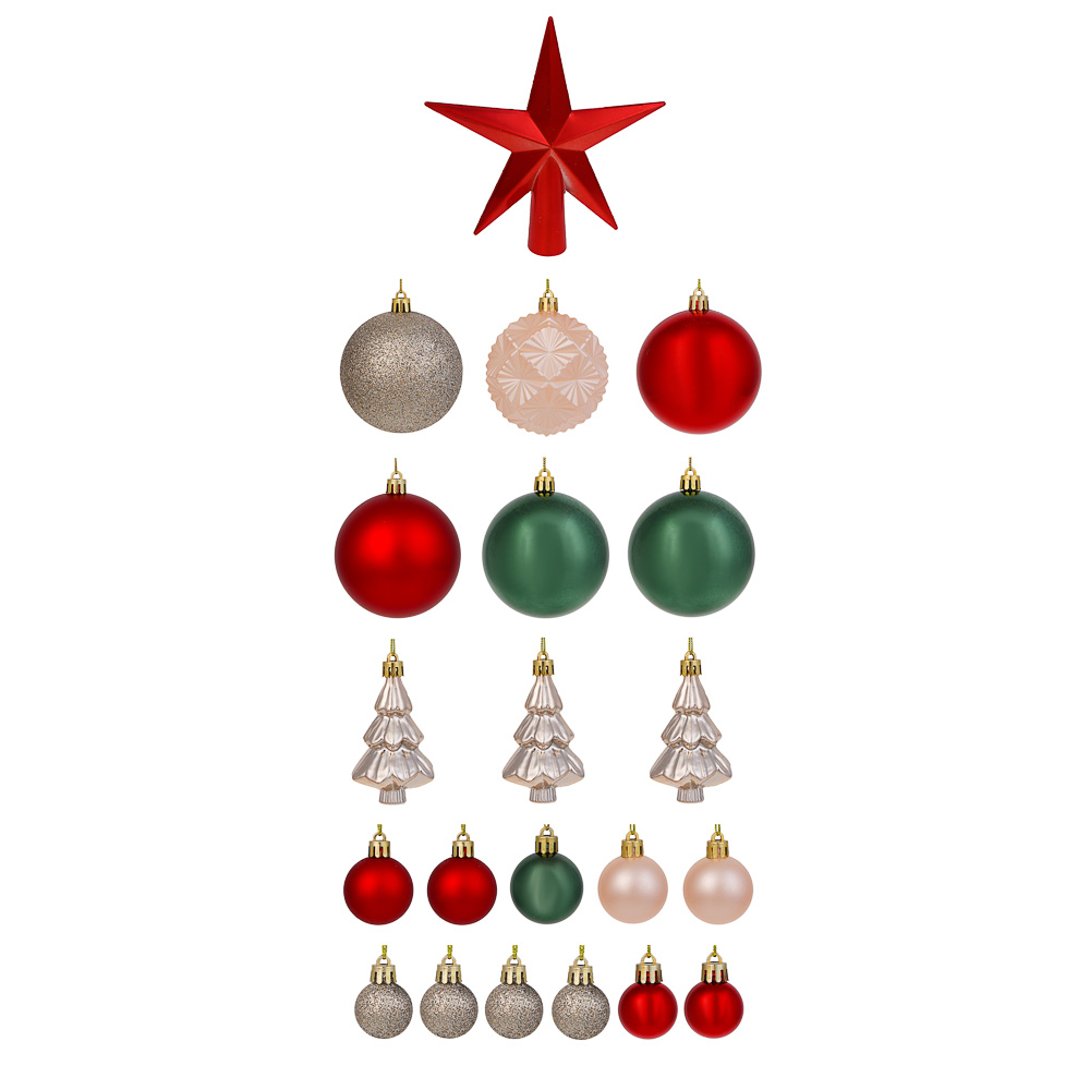 СНОУ БУМ Набор шаров и украшений, 22 шт, 3см, 4см, 5см, 8см, красный, зеленый, шампань, арт.№ 309-082