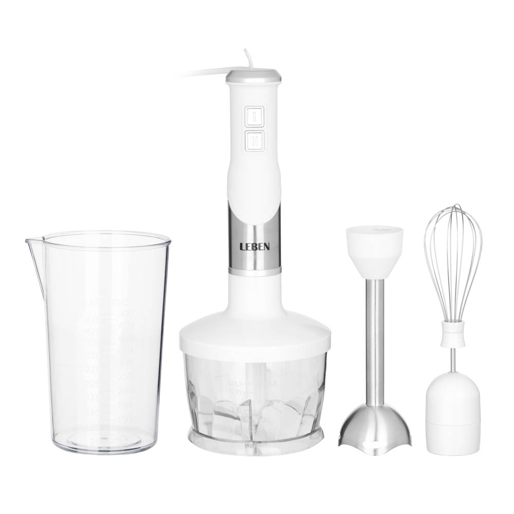 LEBEN Блендер электрический 500Вт, чоппер, венчик, мерный стакан, софт-тач, цвет белый, арт.№ 269-032