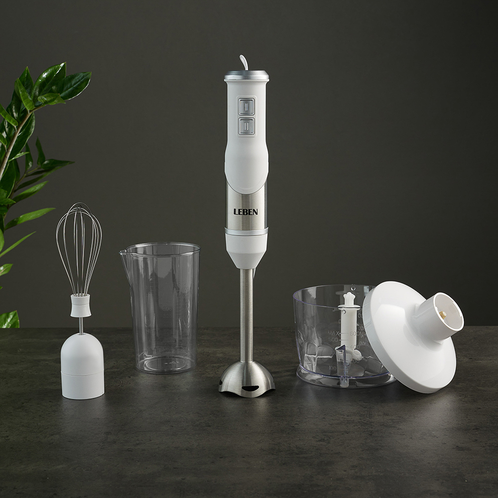 LEBEN Блендер электрический 500Вт, чоппер, венчик, мерный стакан, софт-тач, цвет белый, арт.№ 269-032