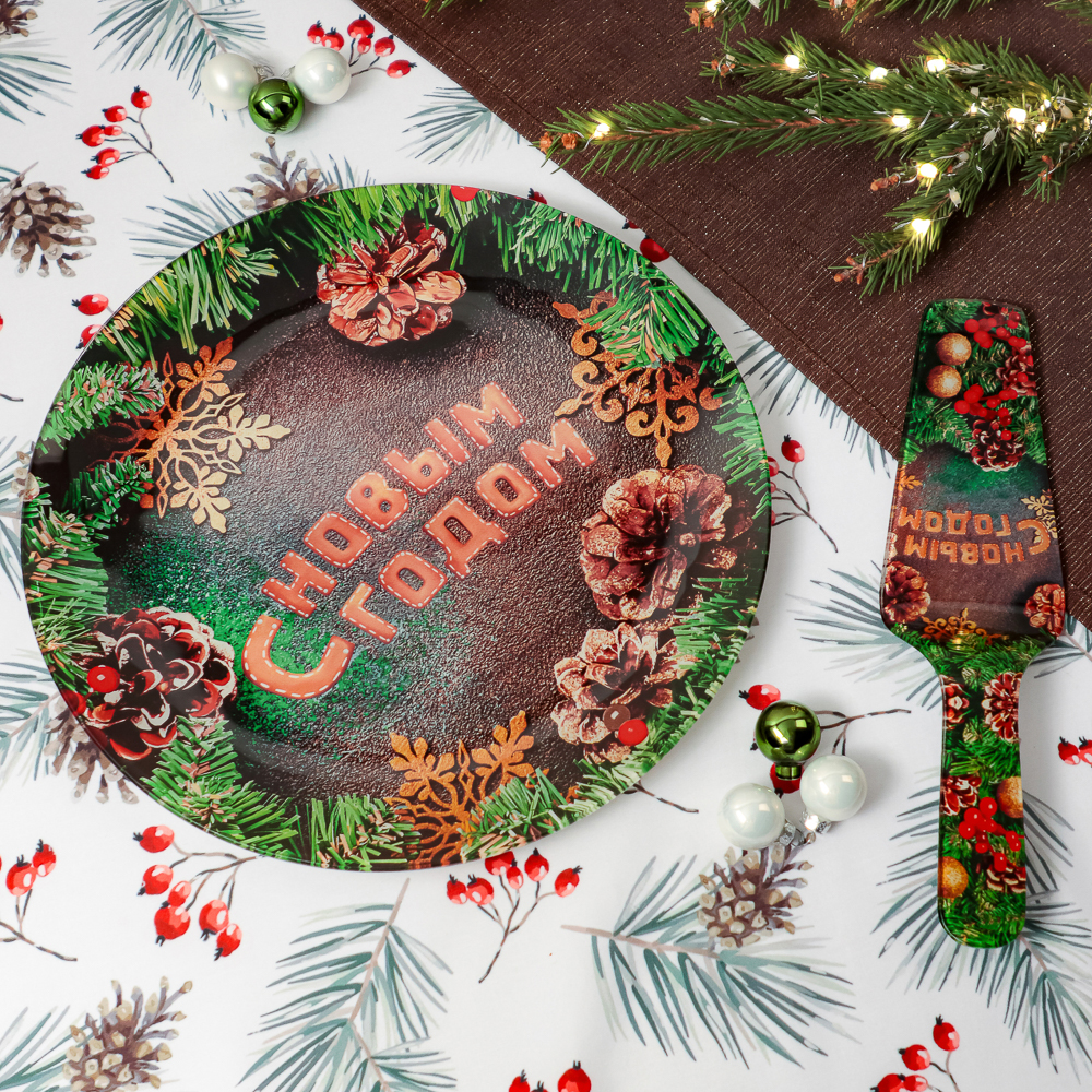 Шишки Набор для торта 2 предмета, блюдо 30см, лопатка 26х7см, стекло, арт.№ 820-910