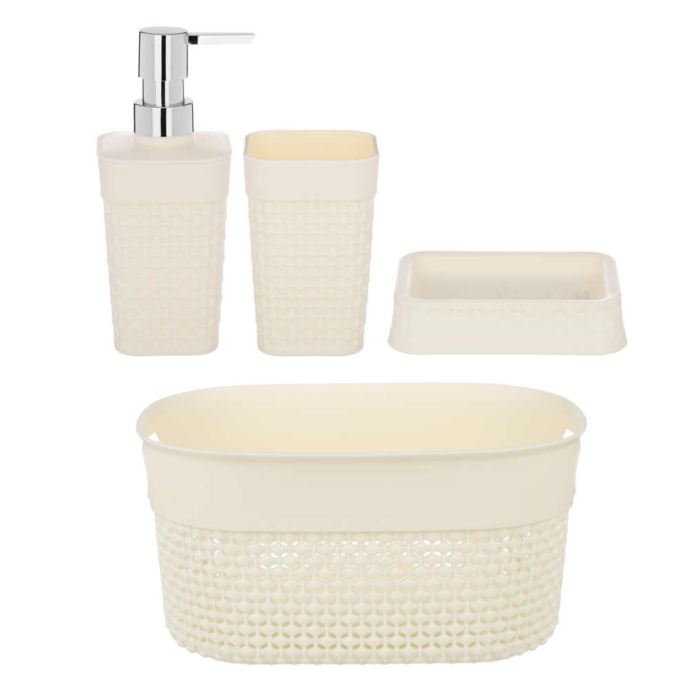 Набор для ванной комнаты OSLO 4 предмета (корзина 3л, дозатор, мыльница, стакан), пластик, лен, арт.№ 463-240