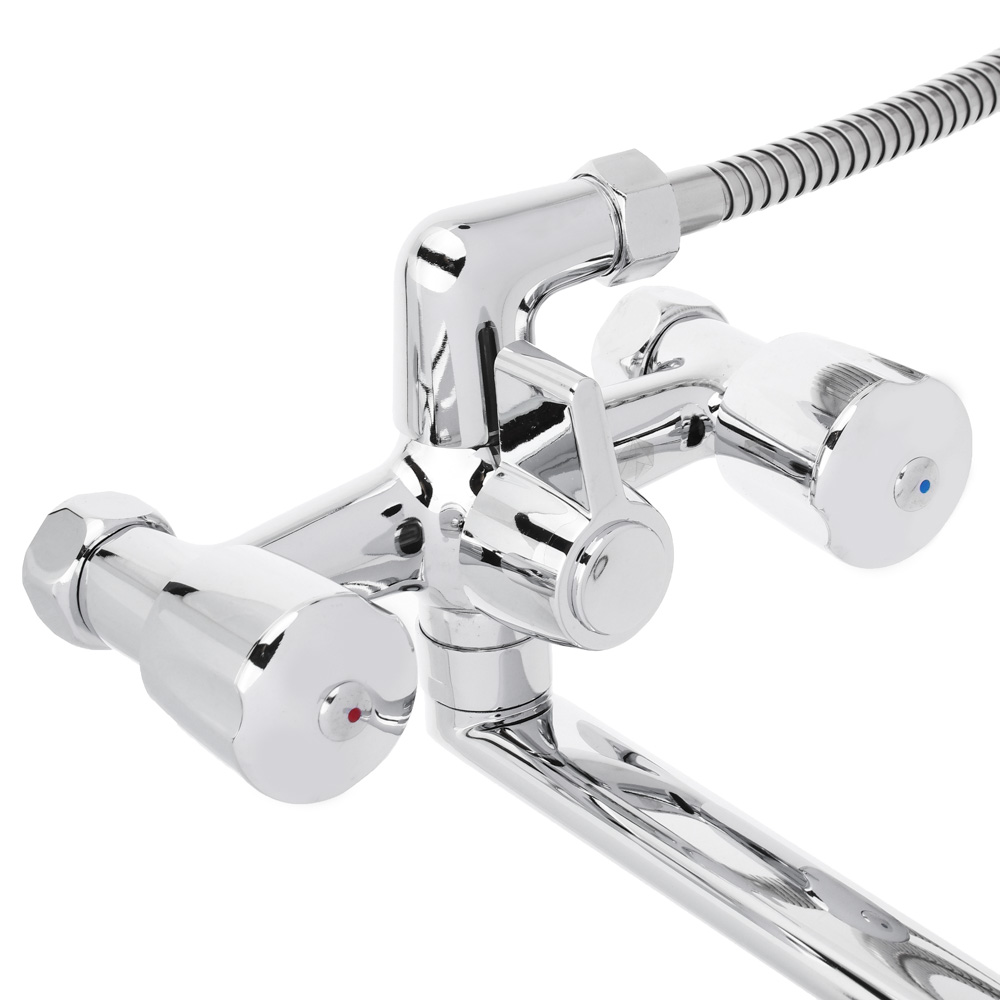 Смеситель для ванны с длинным изливом 30см, с душ набором, керам. кран-букса 1/2, цинк, арт.№ 566-382