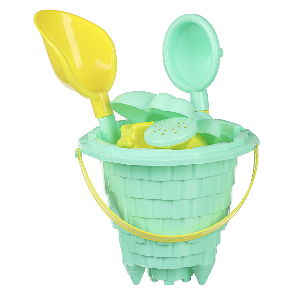 ИГРОЛЕНД Набор для игры в песке 6-8 предметов: ведро, лейка, грабли, формочки, пластик, 4 дизайна, для детей 3+, арт.№ 430-134