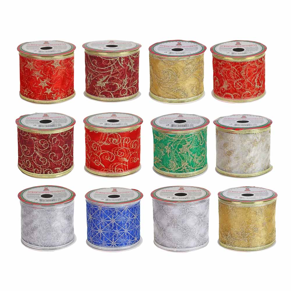 СНОУ БУМ Лента для упаковки, с каркасной нитью, 6,3x270см, полиэстер, 8 дизайнов, органза с золотом, арт.№ 369-616