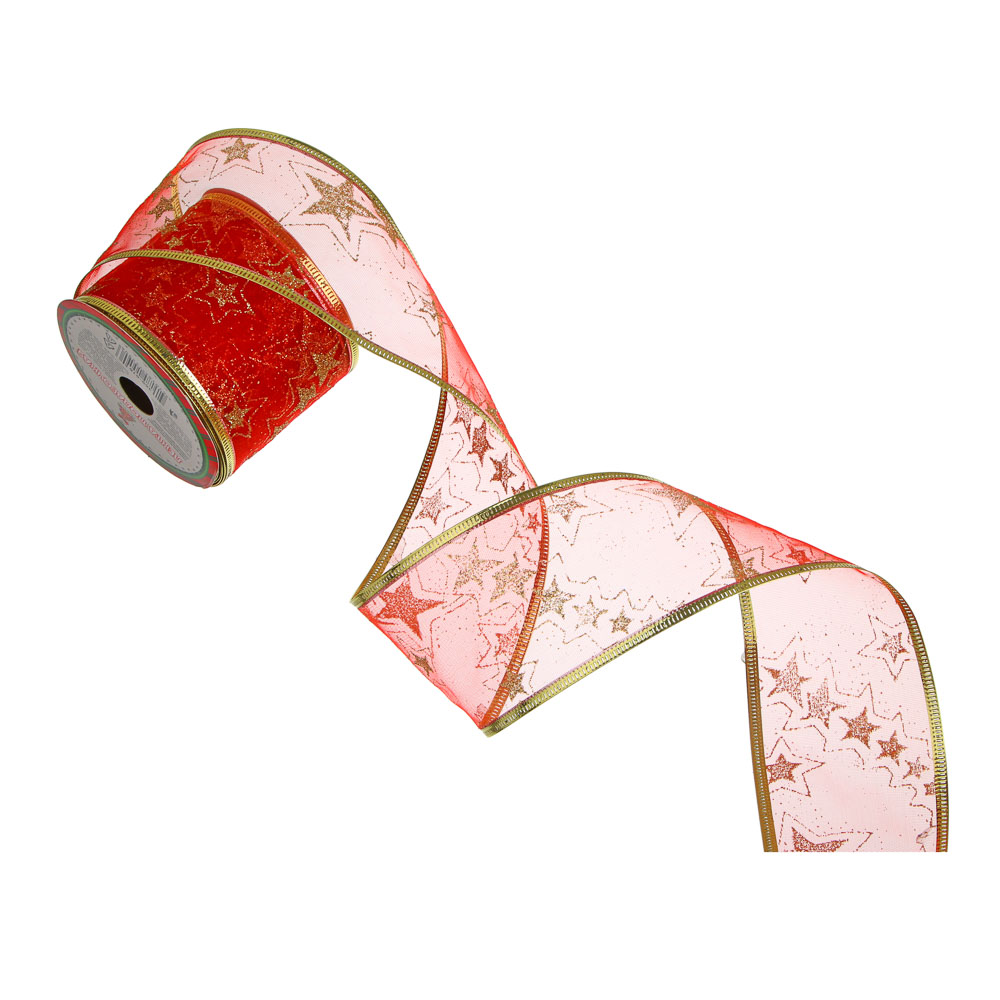 СНОУ БУМ Лента для упаковки, с каркасной нитью, 6,3x270см, полиэстер, 8 дизайнов, органза с золотом, арт.№ 369-616