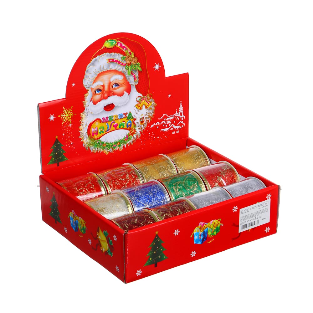 СНОУ БУМ Лента для упаковки, с каркасной нитью, 6,3x270см, полиэстер, 8 дизайнов, органза с золотом, арт.№ 369-616