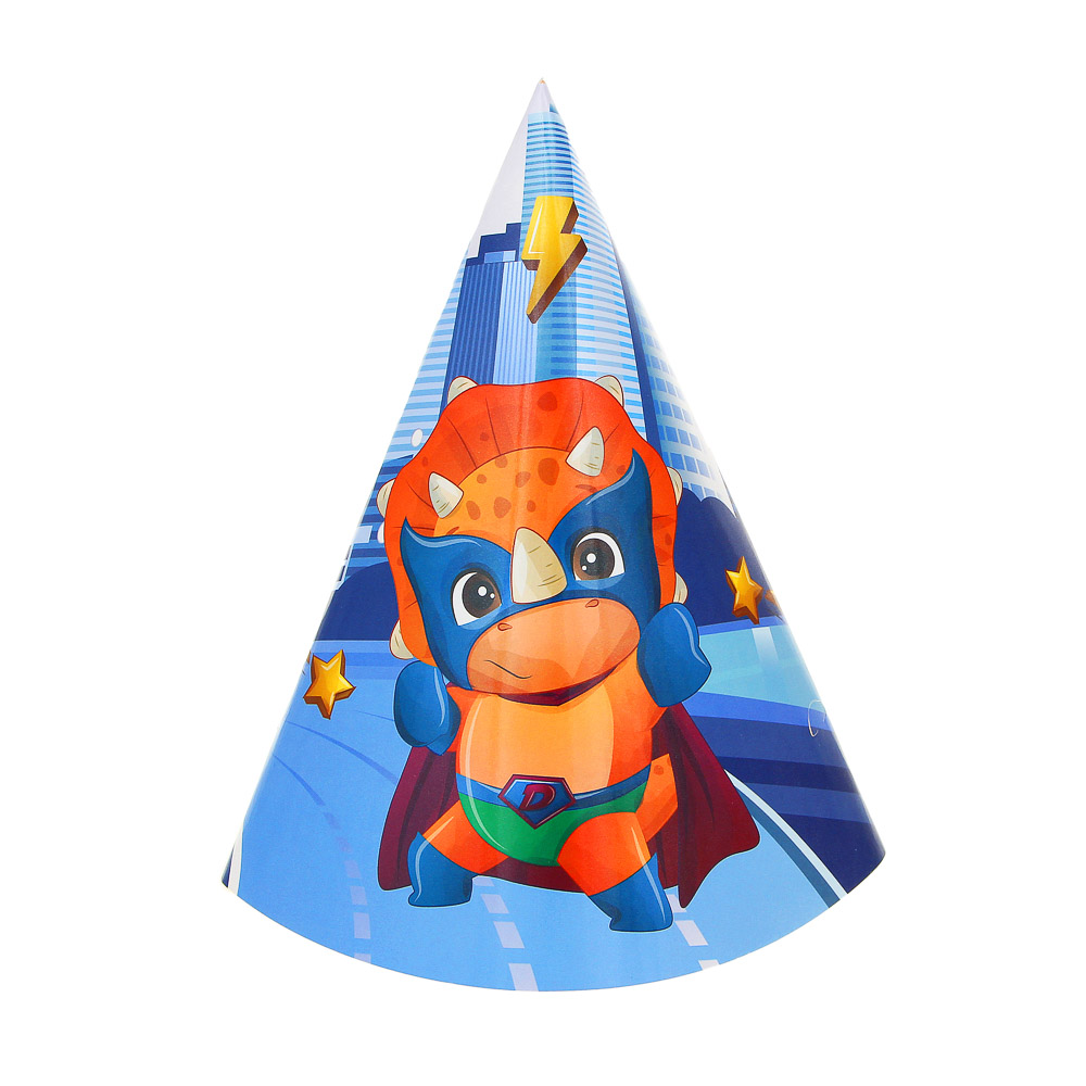 Набор колпаков 6шт, праздничных, бумага, 40х20см, с изображением динозавриков, арт.№ 585-041