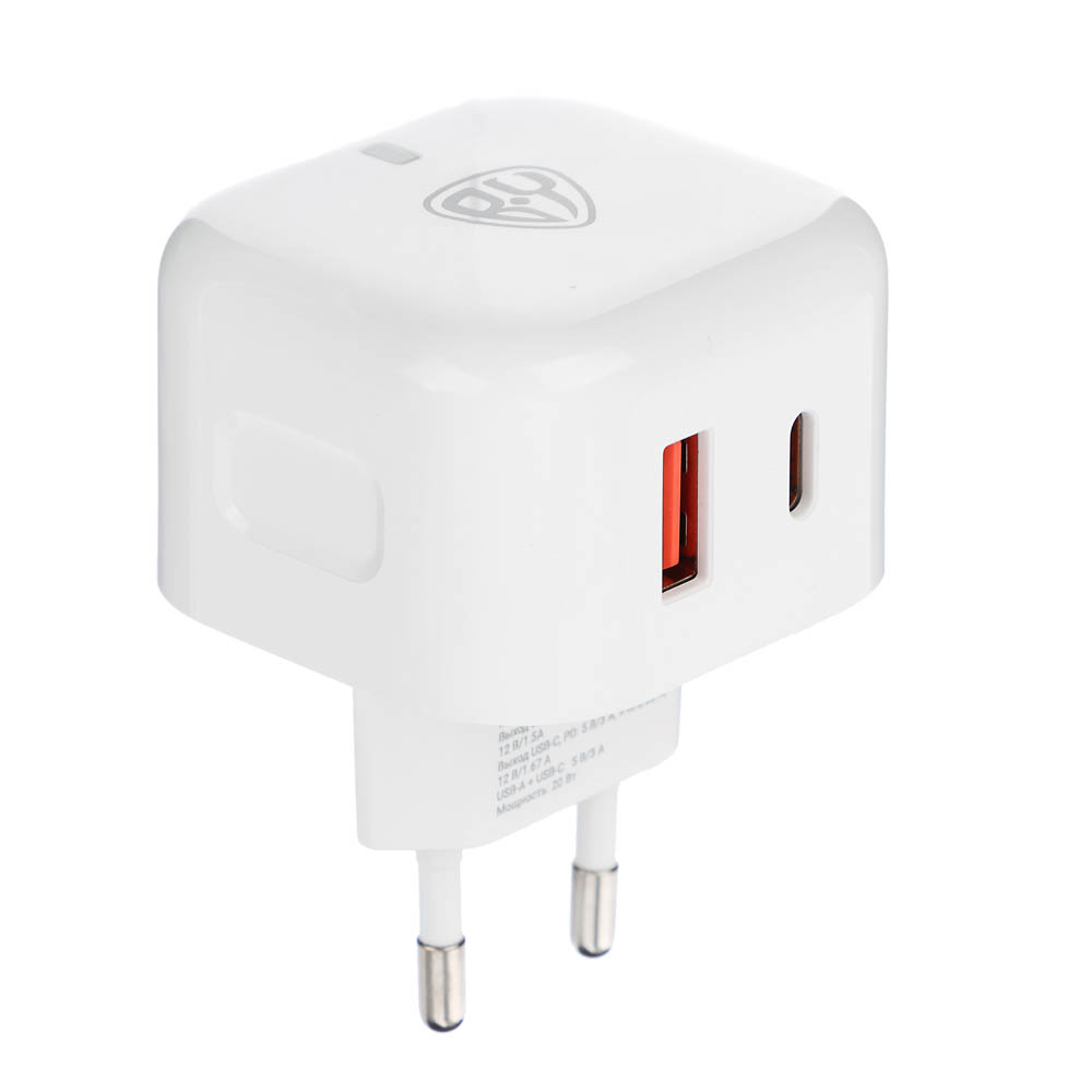Сетевое зарядное устройство BY Corner 20Вт, USB-C, USB-A, QC,PD,110-240В,50-60Гц, пластик, белый, арт.№ 916-262