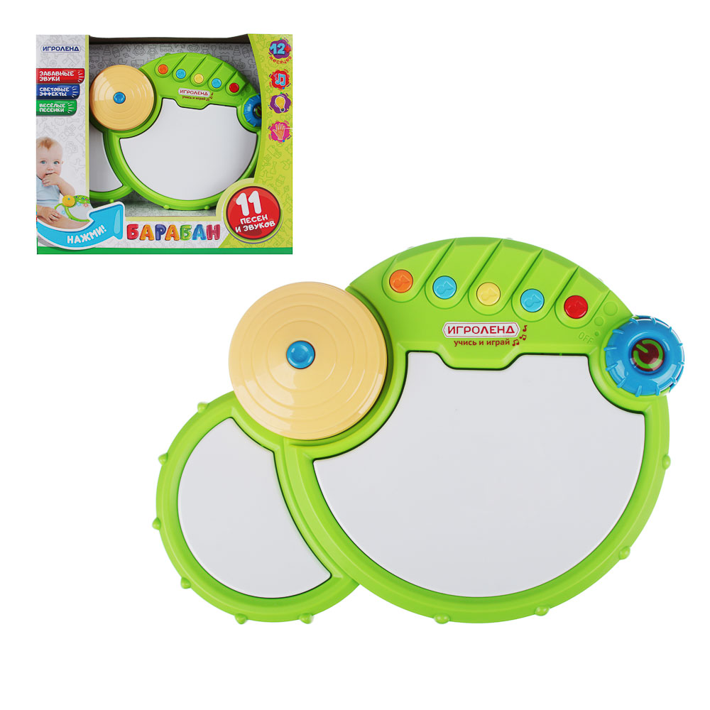 ИГРОЛЕНД Барабан музыкальный, свет, звук, 3АА, ABS, 27х19х6,5см, арт.№ 889-072