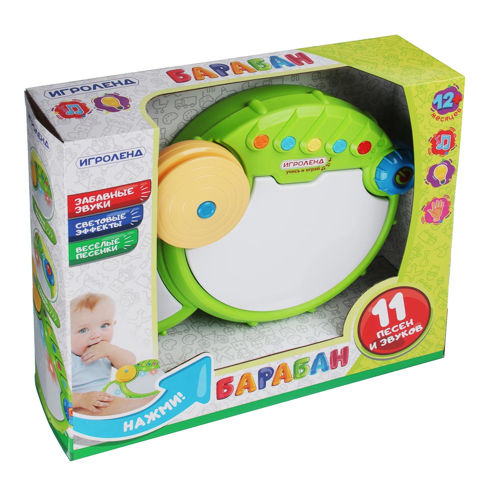 ИГРОЛЕНД Барабан музыкальный, свет, звук, 3АА, ABS, 27х19х6,5см, арт.№ 889-072
