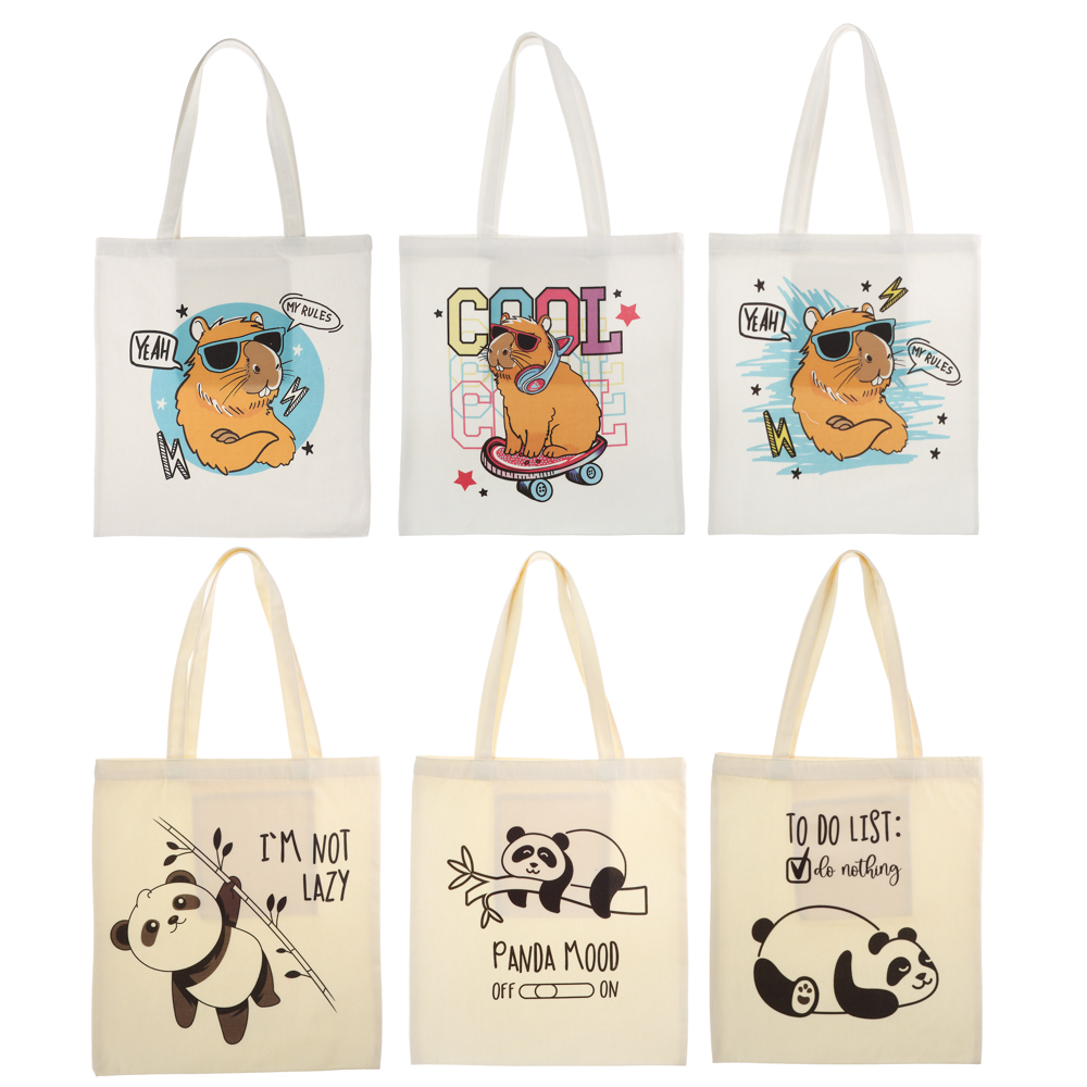 Сумка-шоппер, "Панды/Капибары", 38x42см, длина ручек 58 см, внутр. карман, полиэстер, 6 дизайнов, арт.№ 524-285