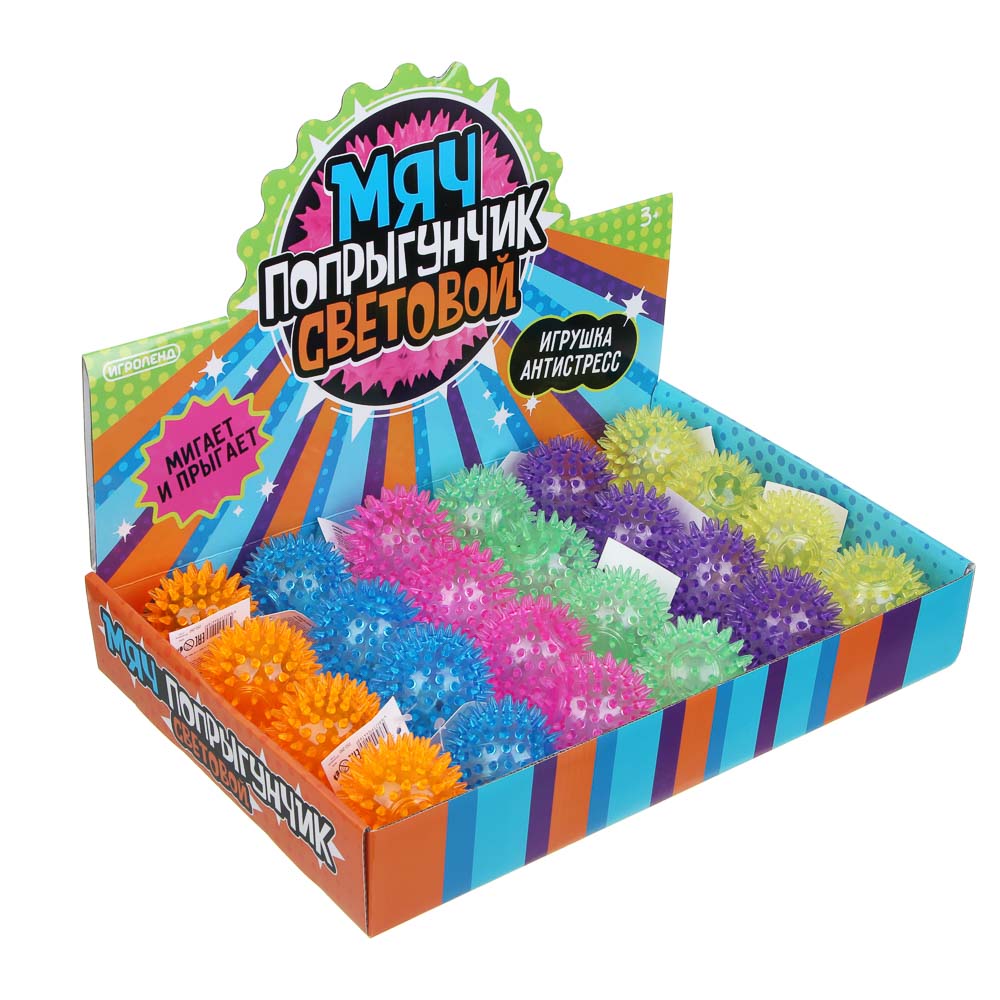 ИГРОЛЕНД Мяч световой "Попрыгунчик-Шипы" прозрачный, 3хLR41, резина, d6,5см, 6 цветов, арт.№ 252-260