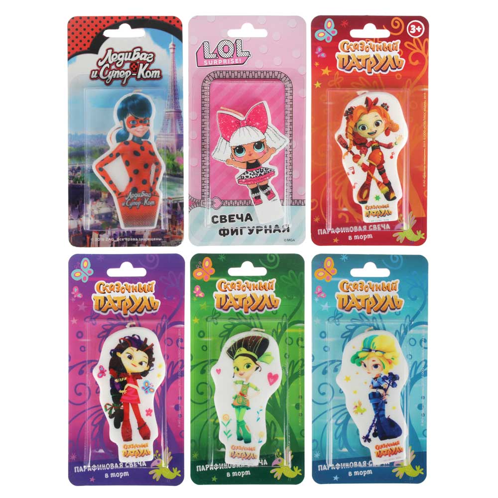 Свеча для торта, парафин, в блистере, 6 дизайнов, лицензия, арт.№ 506-193