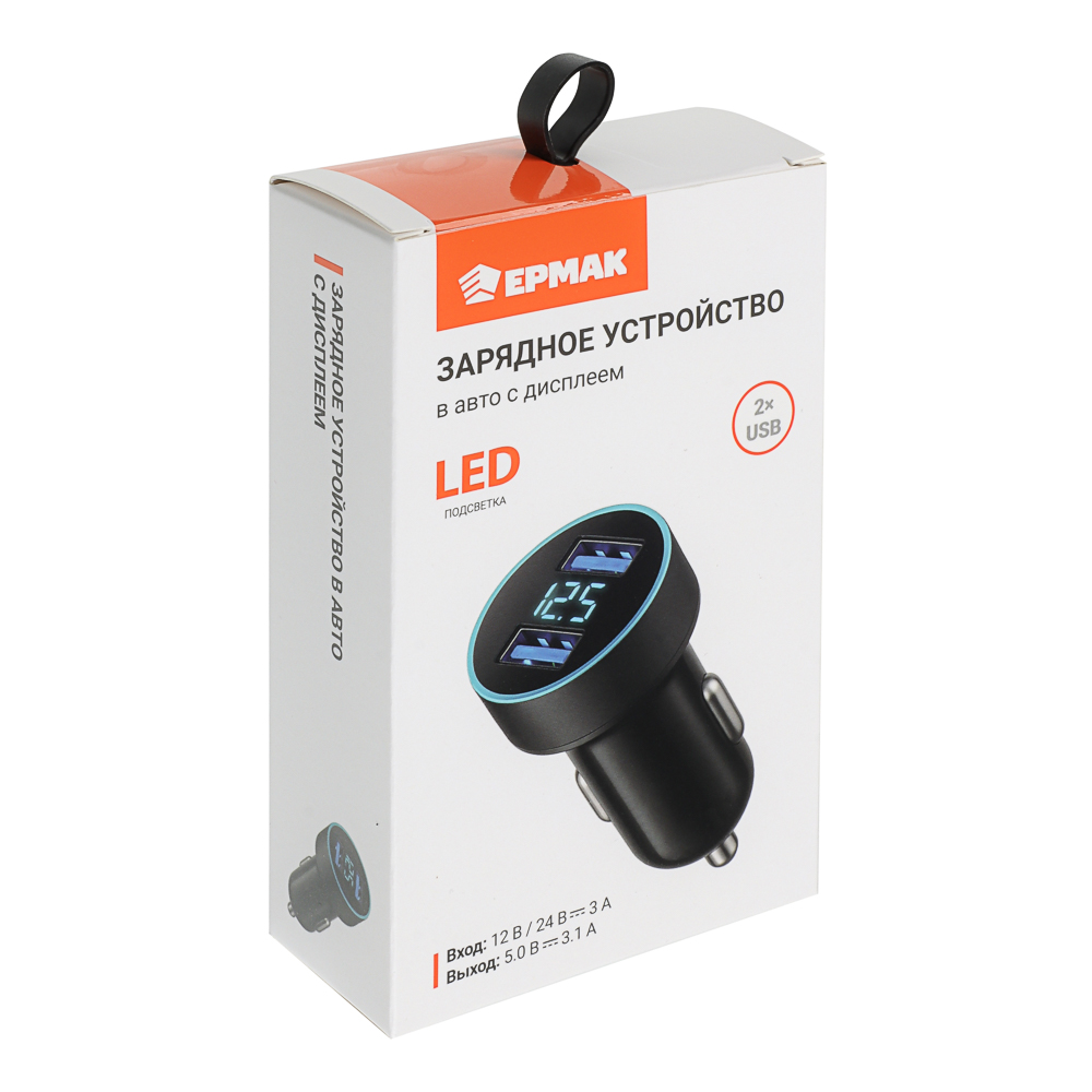 ЕРМАК Зарядное устройство в авто с дисплеем, 2xUSB, 3.1А, 12/24В, пластик, арт.№ 738-024