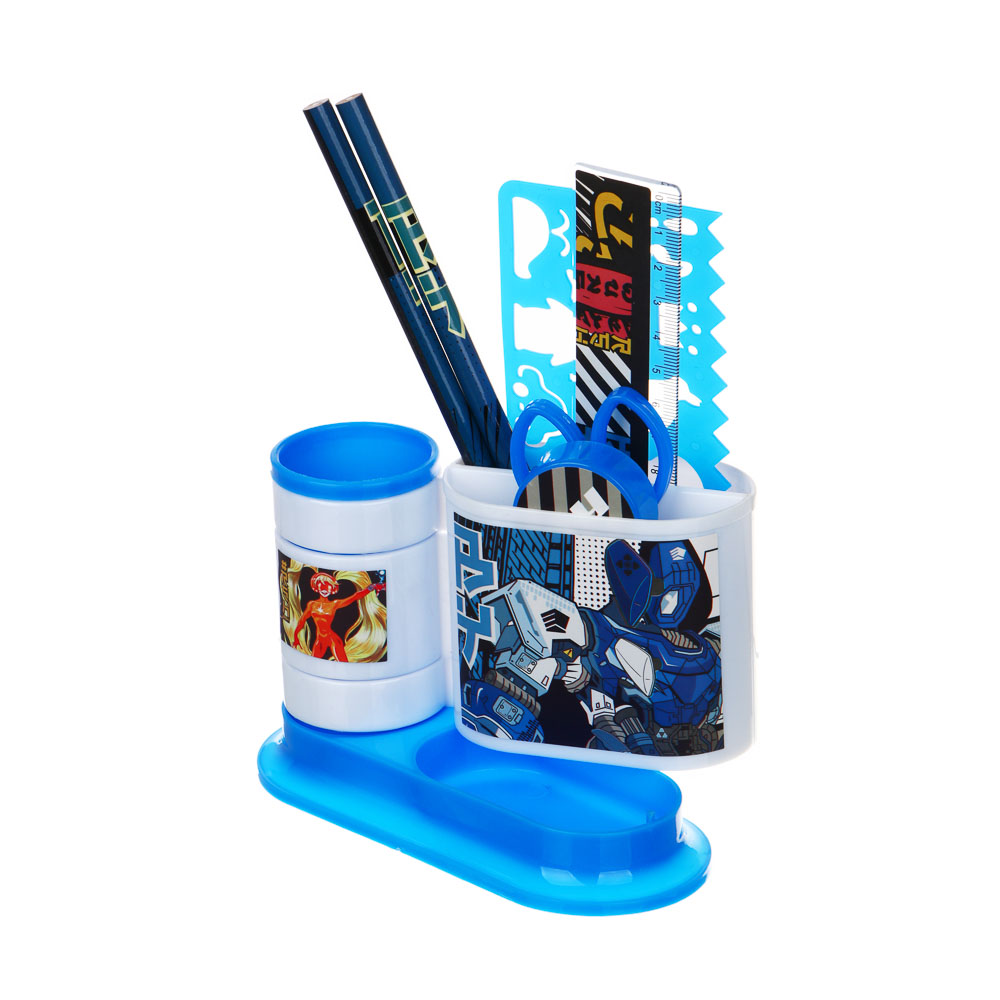 BY РУССКИЕ СУПЕРГЕРОИ Органайзер канц. 7 пр.:(ножн., 2 кар., точилка, трафарет, линейка, подст.), пл, арт.№ 234-055