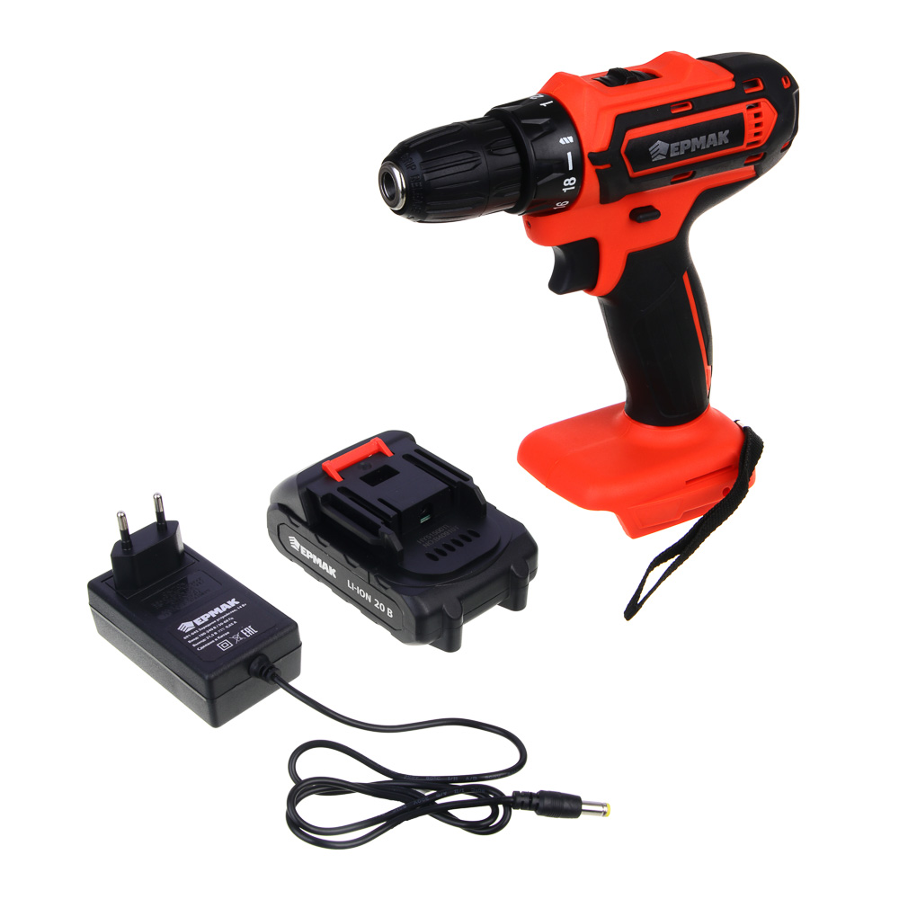 ЕРМАК Дрель-шуруповерт на АКБ 20В, 2,0А Li-ion (1шт), з/у, 0-550 об/мин, 30 H*m,подсветка (ONE), арт.№ 691-045