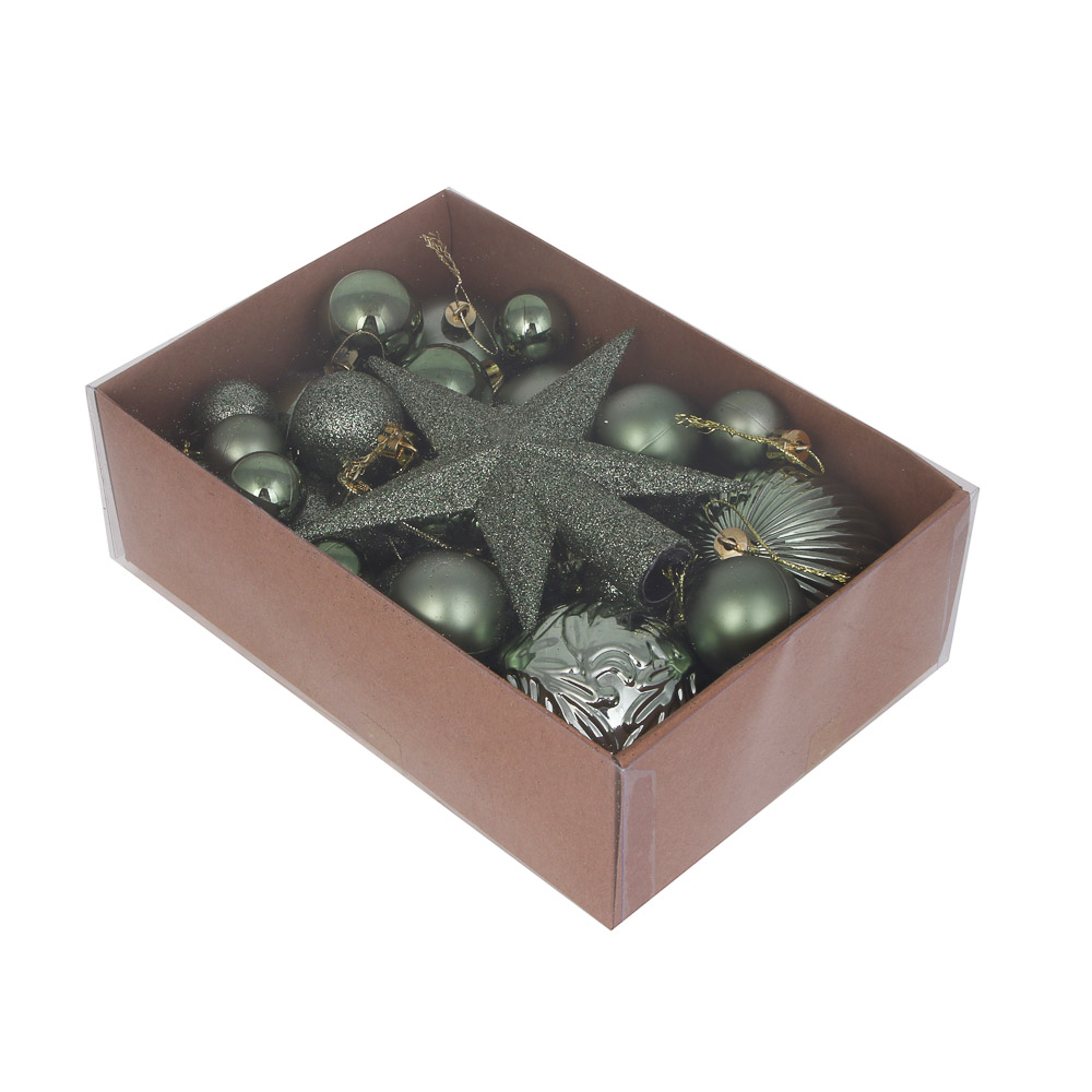 СНОУ БУМ Набор шаров и украшений 30 шт, 3см, 4см, 6см, 8см, зеленый, арт.№ 309-087