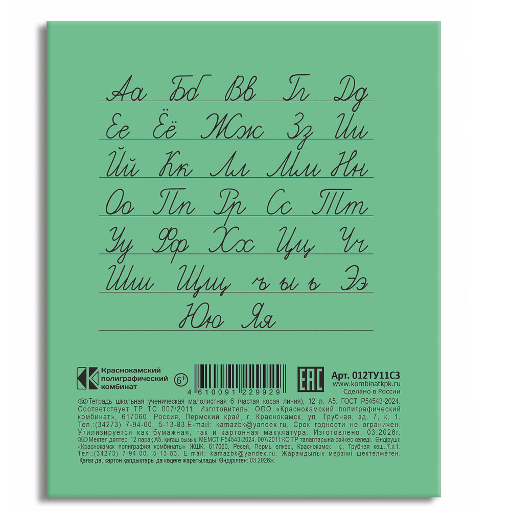 Тетрадь школьная 12л. в линейку ЧАСТАЯ косую, БЕЛЫЕ ЛИСТЫ, ЗЕЛЕНАЯ обложка, скрепка, арт.№ 579-046