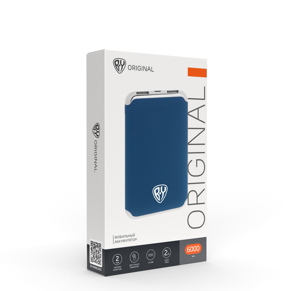 Аккумулятор мобильный BY 6000мАч, 2xUSB, 2А, покрытие Soft-touch, синий, арт.№ 031-002