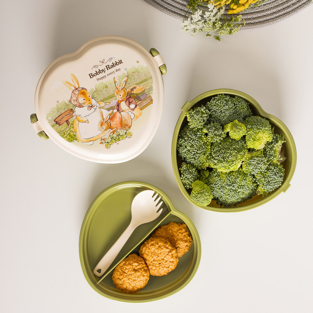 Ланчбокс в форме сердечка "Зайчата", тарелка, ложка-вилка, 13,5х16см, полипропилен, арт.№ 829-144