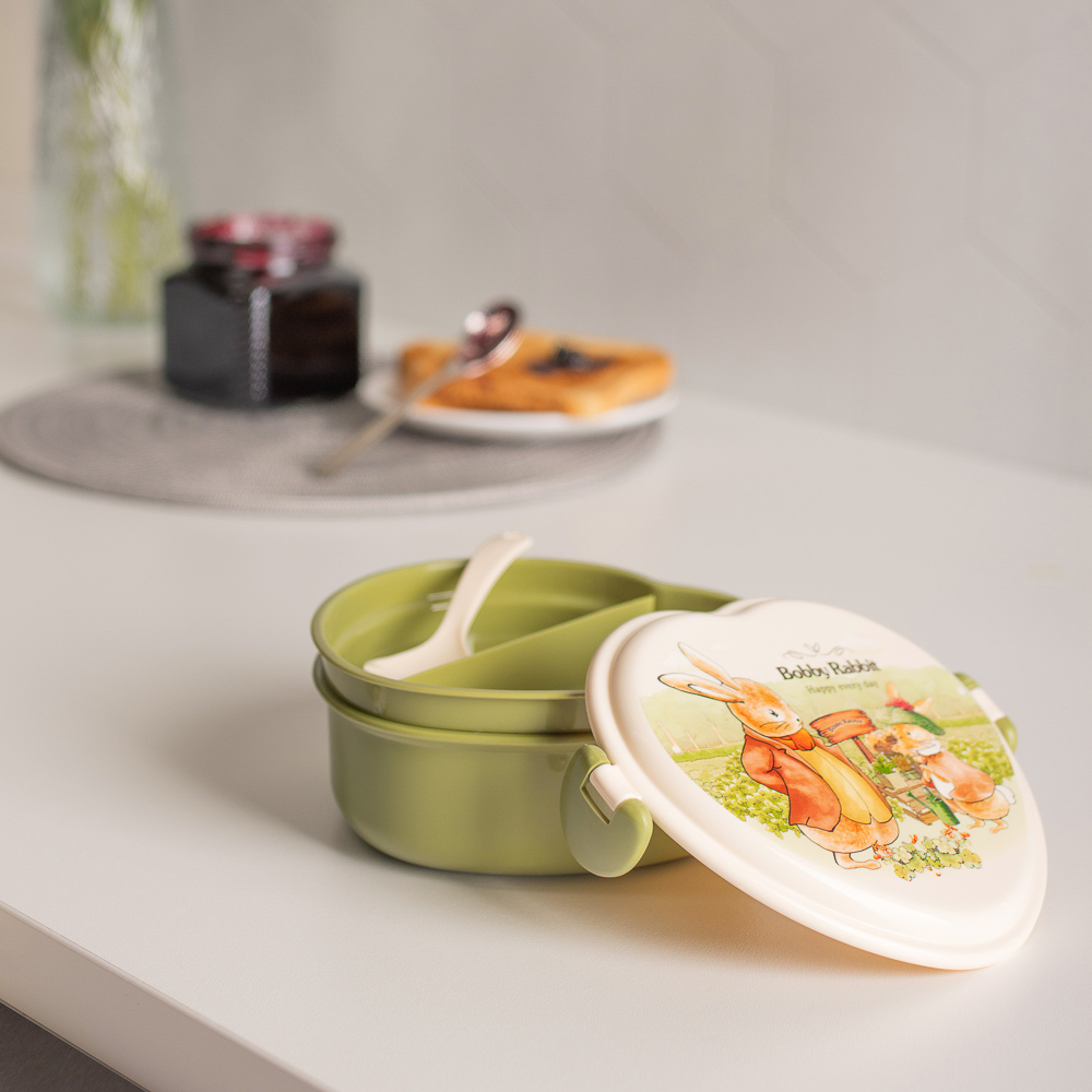 Ланчбокс в форме сердечка "Зайчата", тарелка, ложка-вилка, 13,5х16см, полипропилен, арт.№ 829-144