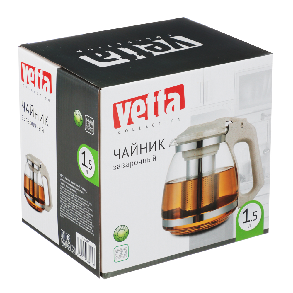 VETTA Чайник заварочный "ЭКО", 1500мл, ситечко из нержавеющей стали, стекло, полипропилен, арт.№ 850-197