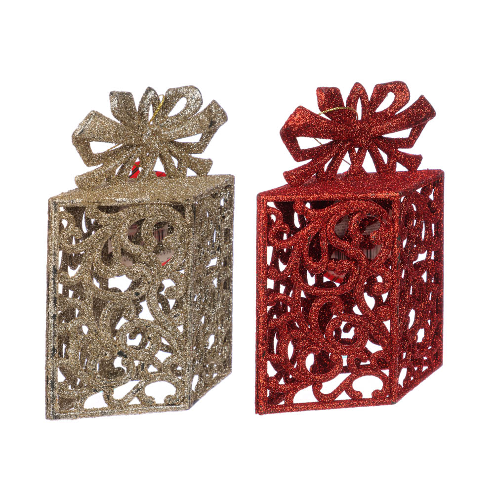 СНОУ БУМ Подвеска декоративная в виде подарка, глиттер, красный, пластик, 14x11см, арт.№ 374-361