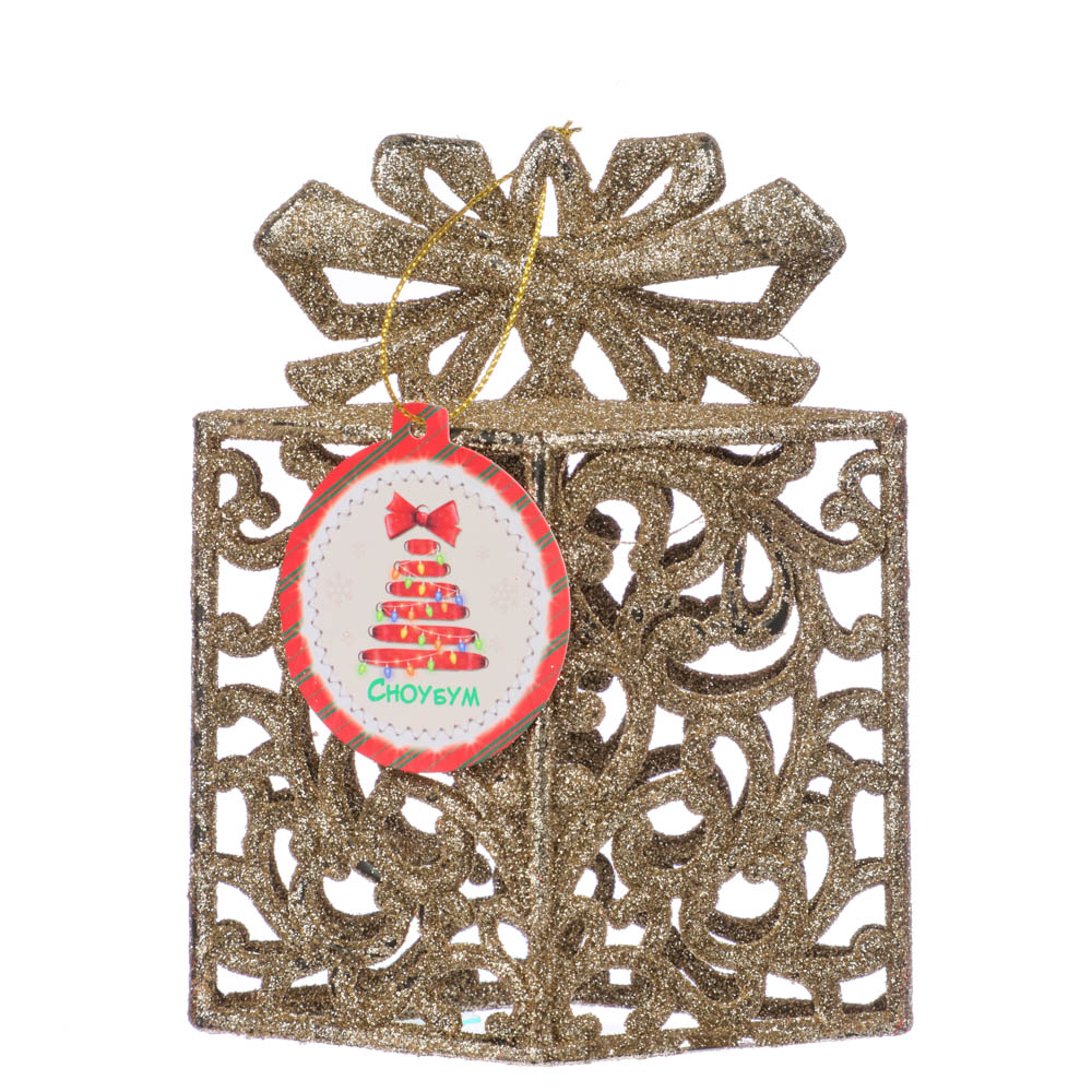 СНОУ БУМ Подвеска декоративная в виде подарка, глиттер, красный, пластик, 14x11см, арт.№ 374-361