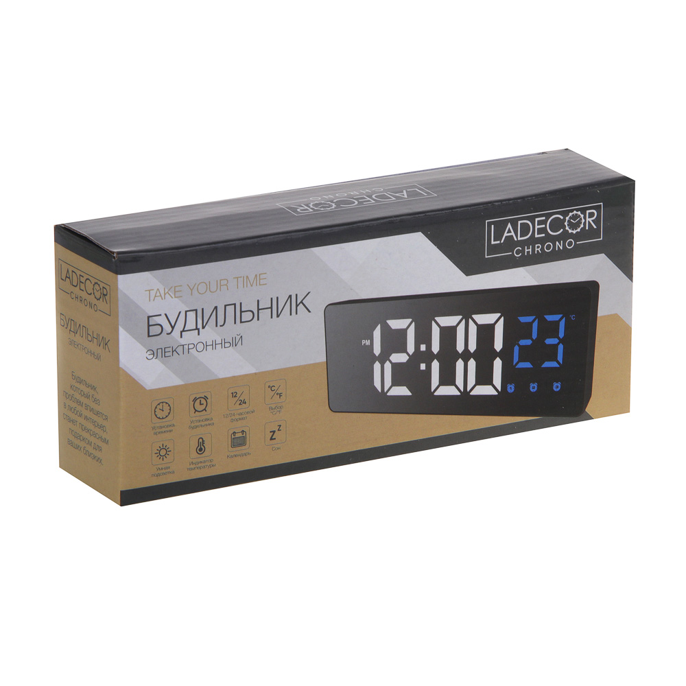 LADECOR CHRONO Будильник электронный, 16x6x2 см, АВС пластик, 3xAАA, цвет черный, арт.№ 529-314