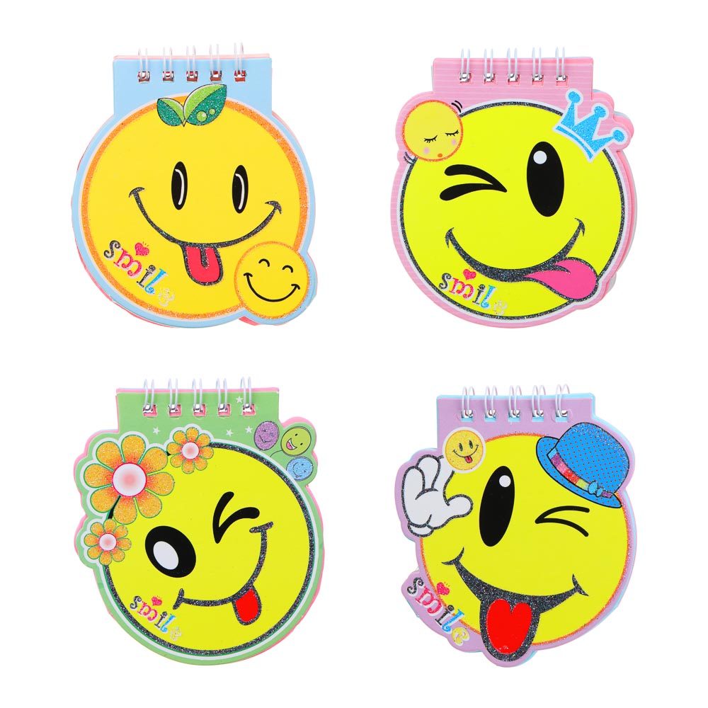 Записная книжка фигурная 9,5х8,5см, 40 листов, в форме смайлика, спираль, 4 дизайна, арт.№ 557-062