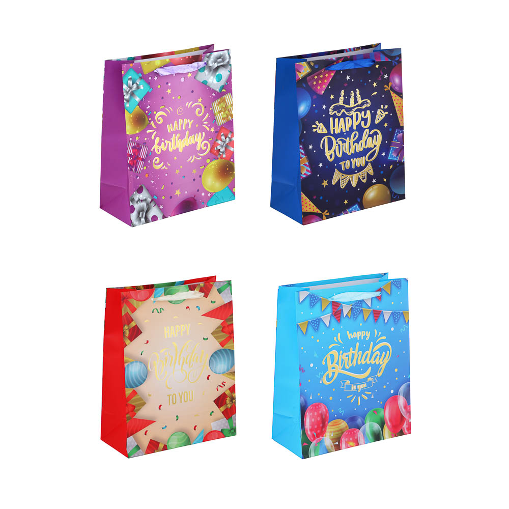 Пакет подарочный тм LADECOR, вскч бум., с фольг.слоем, L 26x32x12см, 4 дизайна, С Днем Рождения, арт.№ 507-221